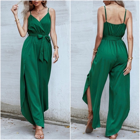 Boho Green Surplice Slit Thigh Cami Jumpsuit - Picture 7 of 7